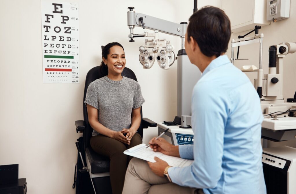 Person getting a regular check-up at the optometrist to prioritize their eye health.